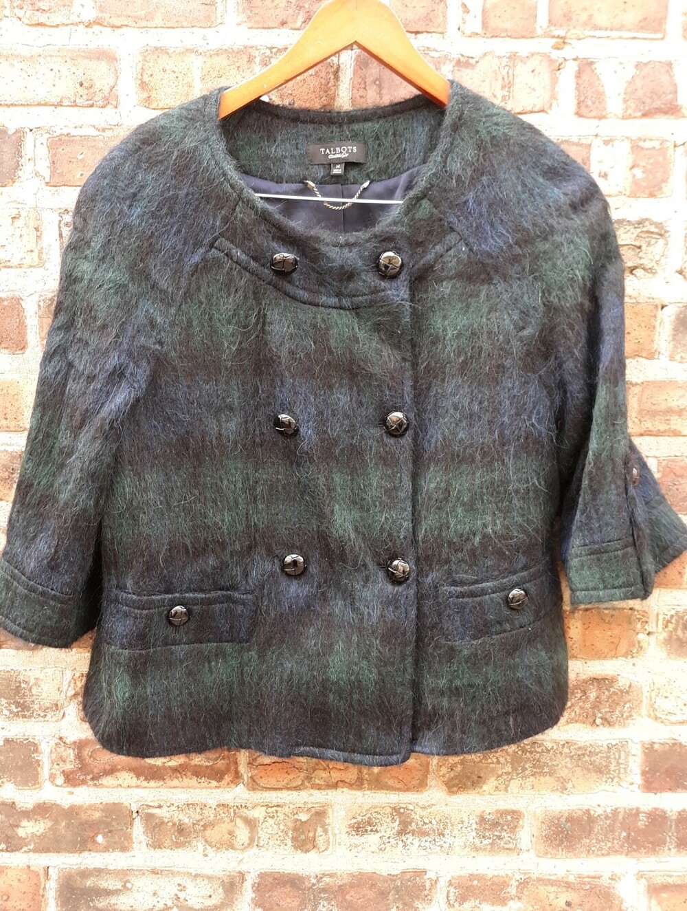 Talbots Mohair Alpaca Wool Plaid Jacket Double Breasted Cropped Peacoat 14